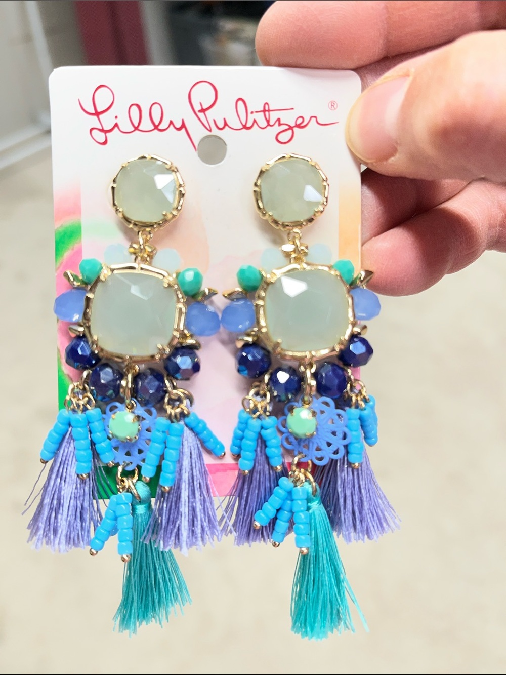 Lilly Pulitzer Multicolor bohoTassel Statement Earrings Aqua, Turquoise, Purple